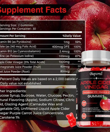 Apple Cider Vinegar Gummies - Promotes Digestive Health, Relieves Bloating and Constipation, Burns Fat, Weight Management nkhluka