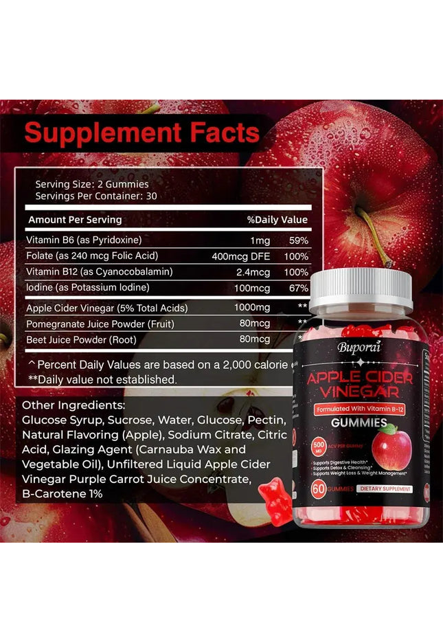 Apple Cider Vinegar Gummies - Promotes Digestive Health, Relieves Bloating and Constipation, Burns Fat, Weight Management nkhluka