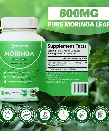 Pure Moringa Powder Capsules - Natural Green Antioxidant Superfood Supplements - Energy, Gut, Skin, Metabolism & Immune Support nkhluka