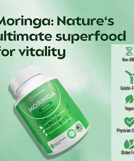 Pure Moringa Powder Capsules - Natural Green Antioxidant Superfood Supplements - Energy, Gut, Skin, Metabolism & Immune Support nkhluka