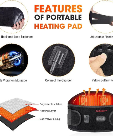 Cordless Rechargeable Heated Waist Belt with Electrical Heating and Massage Function for Low Back Pain Relief 53 Inches Long Bl nkhluka